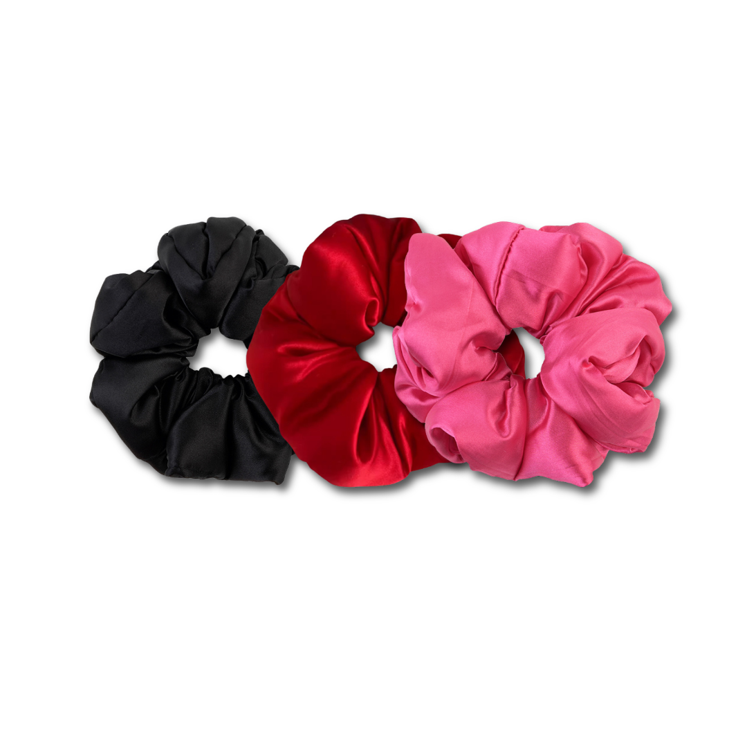 Large Silk Scrunchie Set - Schwarz, Rosa & Rot