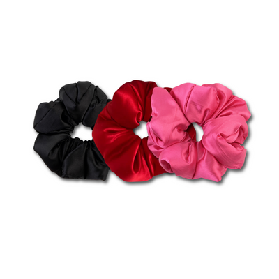 Grote Zijden Scrunchie Set - Zwart, Roze & Rood