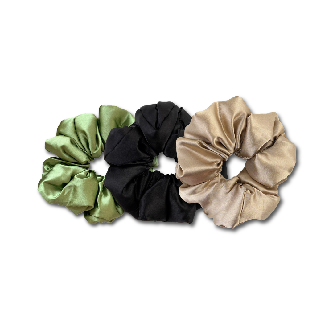 Grote Zijden Scrunchie Set - Zwart, Beige & Groen