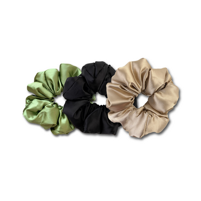 Grote Zijden Scrunchie Set - Zwart, Beige & Groen